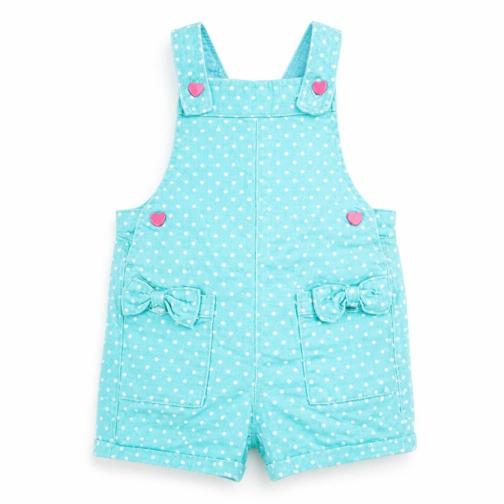 Front view of M&Co girls’ green polka dot dungaree one-piece, size 6-9, months