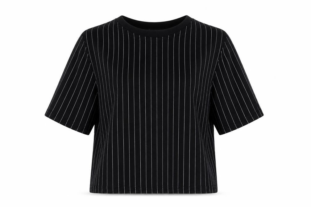 Front view of PRETTYLITTLETHING women’s black striped basic t-shirt, size UK 8