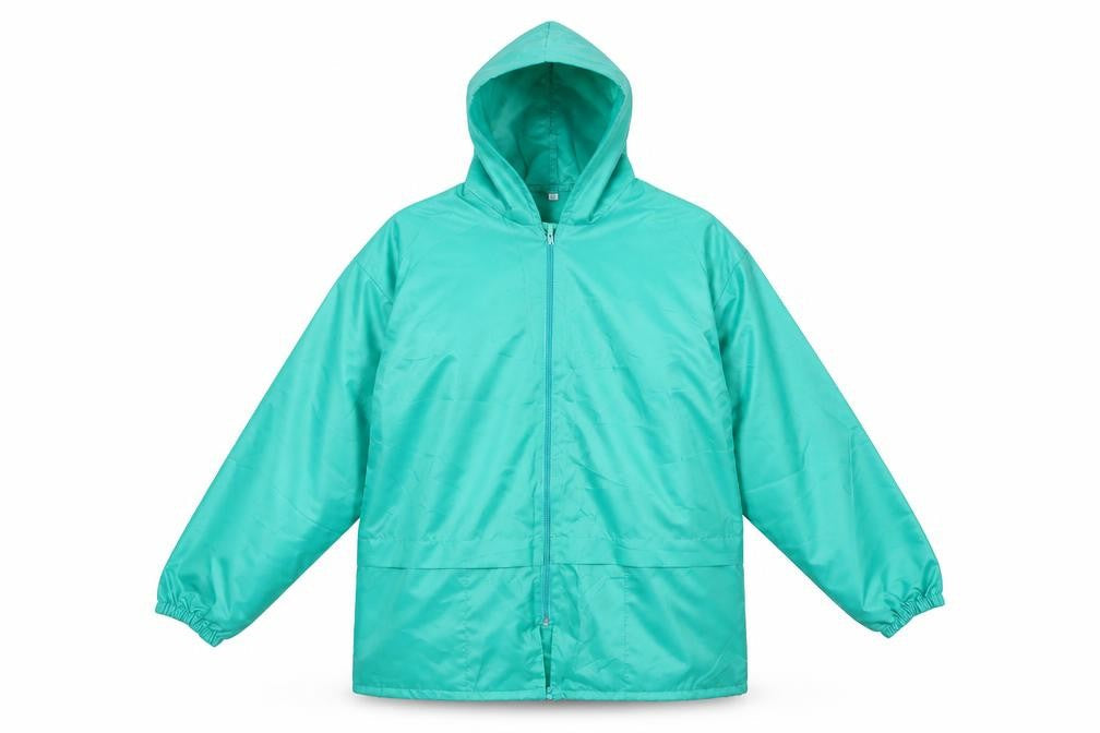 Front view of Preworn men’s green rain coat coat, size M