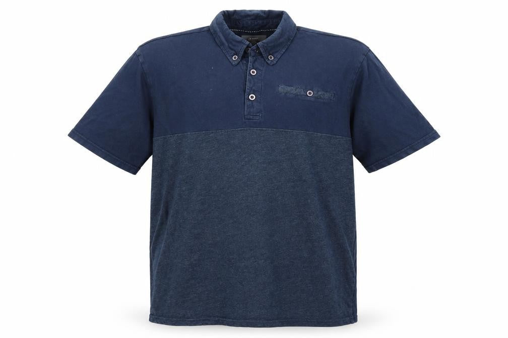 Front view of Studio men’s blue polo, size L