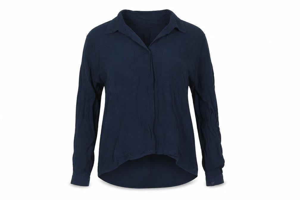 Front view of Preworn women’s blue basic button-up, size M