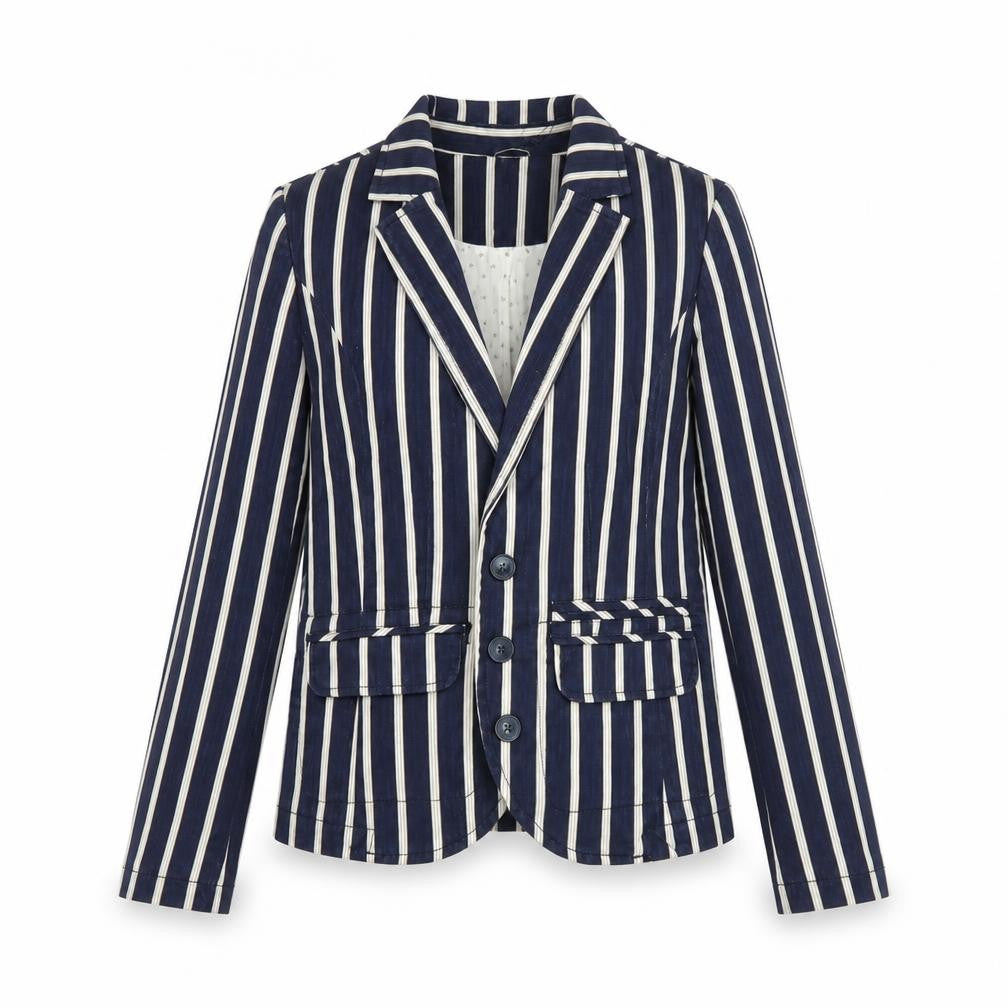 Front view of Next women’s blue striped jacket, size UK 8