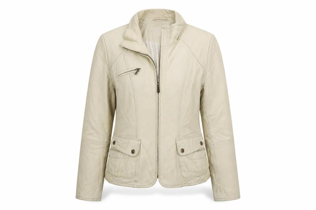 Front view of Lakeland women’s white jacket, size UK 14
