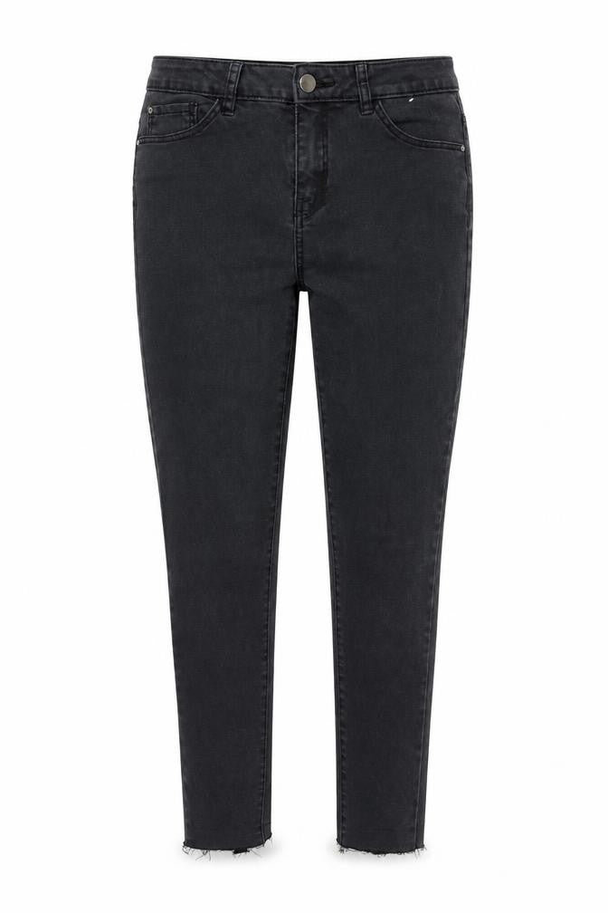 Front view of Denim CO. women’s black denim skinny jeans, size UK 12, 26-inch leg