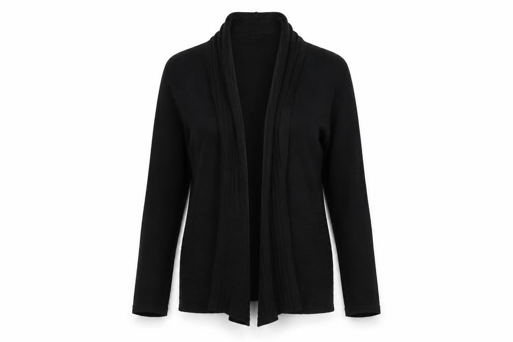 Front view of Modern Soul women’s black cardigan jumper, size S, - waterfall cardigan