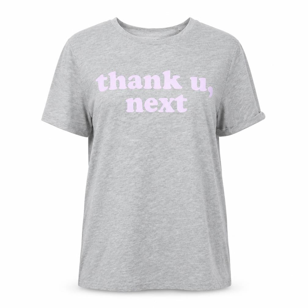 Front view of Bravado women’s grey jersey basic t-shirt, size M, - thank u, next