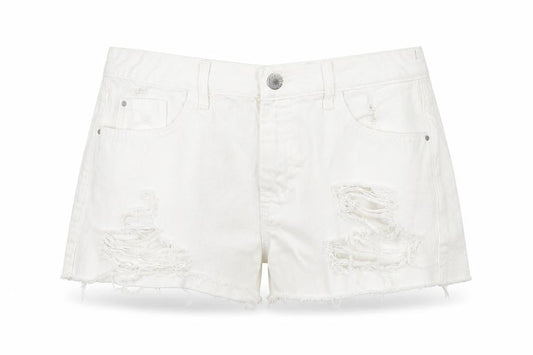 Front view of Very women’s pink denim hot pants shorts, size UK 12