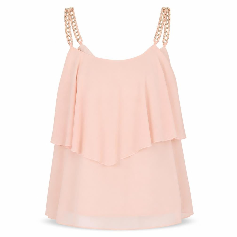 Front view of Preworn women’s pink chiffon camisole tank, size S