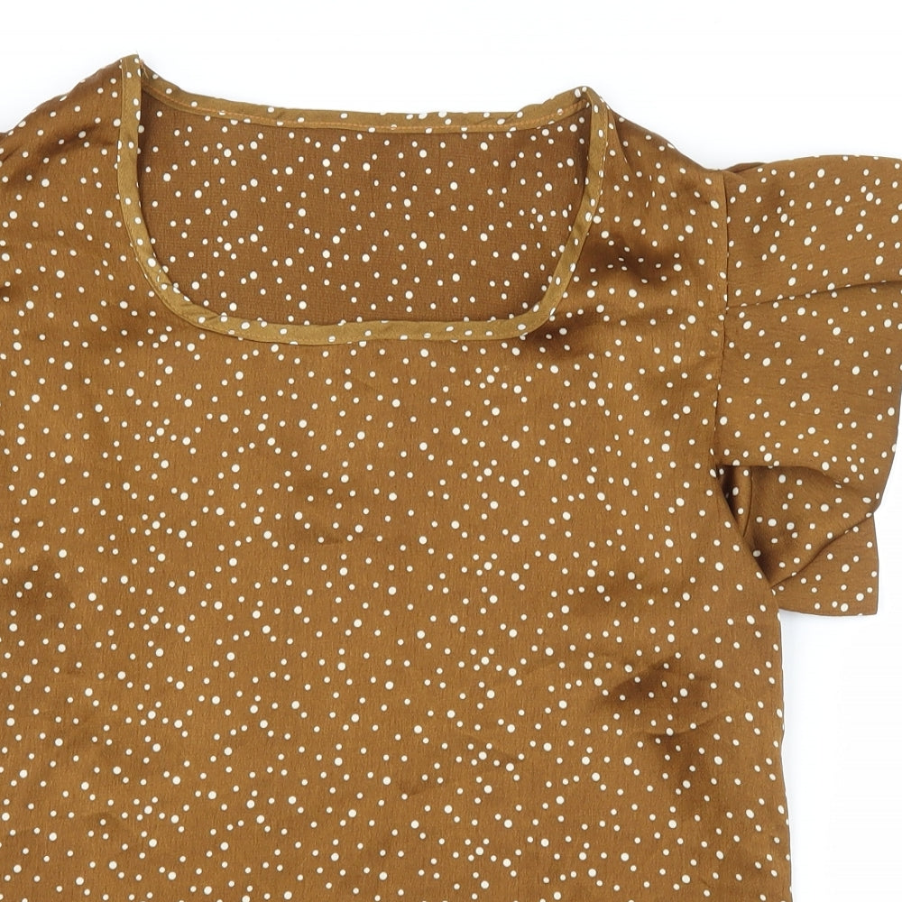 Preworn Womens Brown Polka Dot Satin Basic Blouse Size S