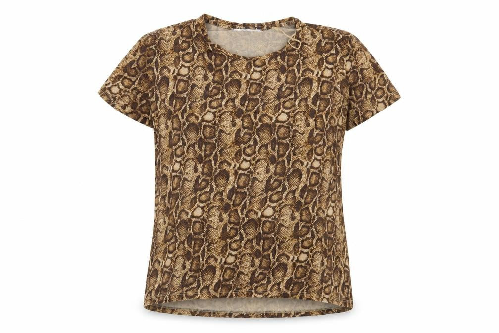 Front view of Zara women’s brown animal print basic t-shirt, size S