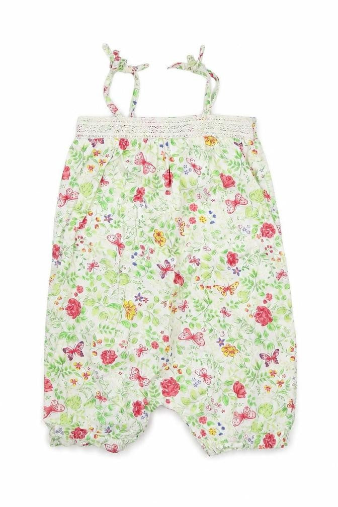 Front view of Mothercare girls’ green floral romper one-piece, size 4-5, years