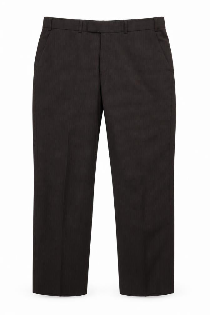 Front view of limehaus men’s brown striped trousers, size 36, in, 28-inch leg