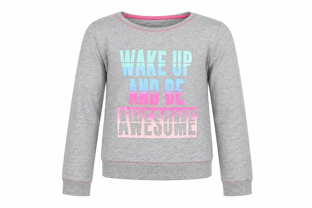 Front view of evie girls’ grey jersey pullover sweatshirt, size 5, years - wake up awesome