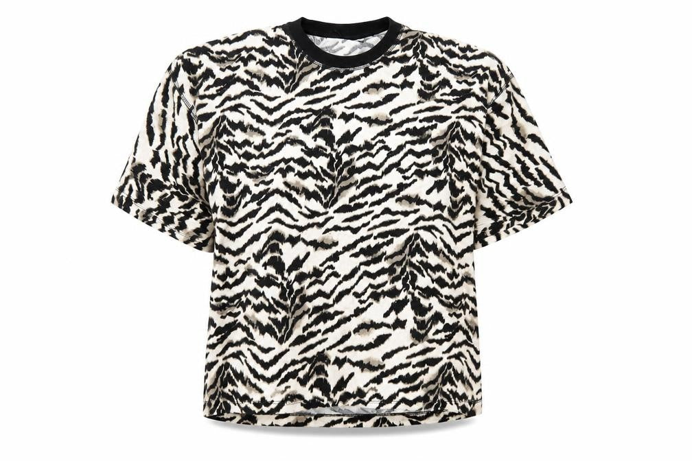 Front view of Preworn women’s brown animal print basic t-shirt, size S