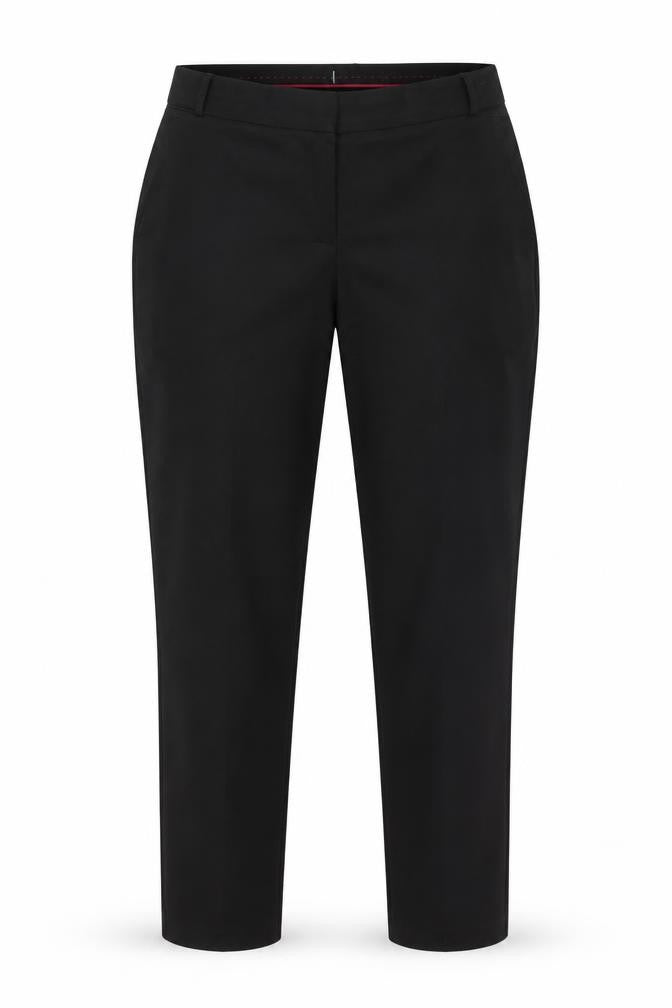 Front view of Preworn women’s black trousers, size UK 36, in, 27-inch leg