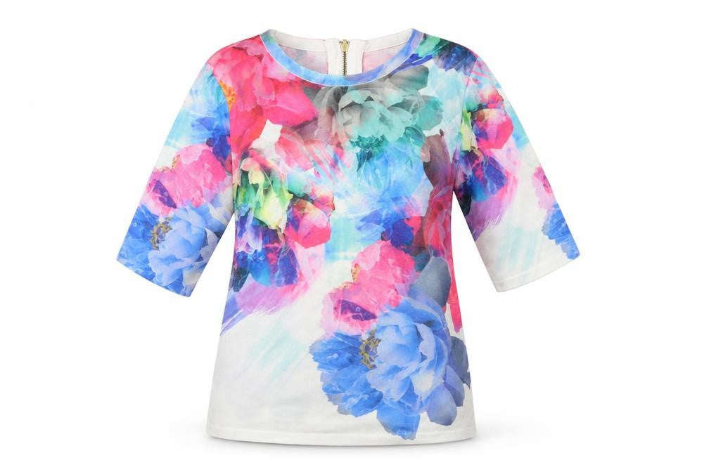 Front view of Coast women’s multicoloured floral jersey basic t-shirt, size XS
