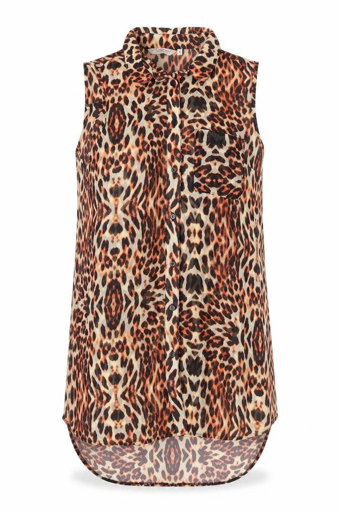 Front view of New Look women’s brown animal print basic blouse, size UK 8, - sheer