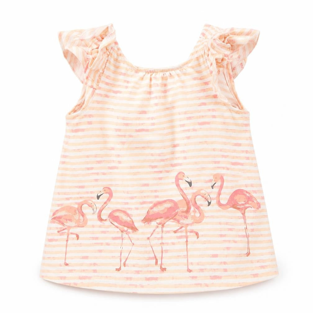Front view of Savanah girls’ pink striped jersey basic t-shirt, size 9-12, months - flamingo