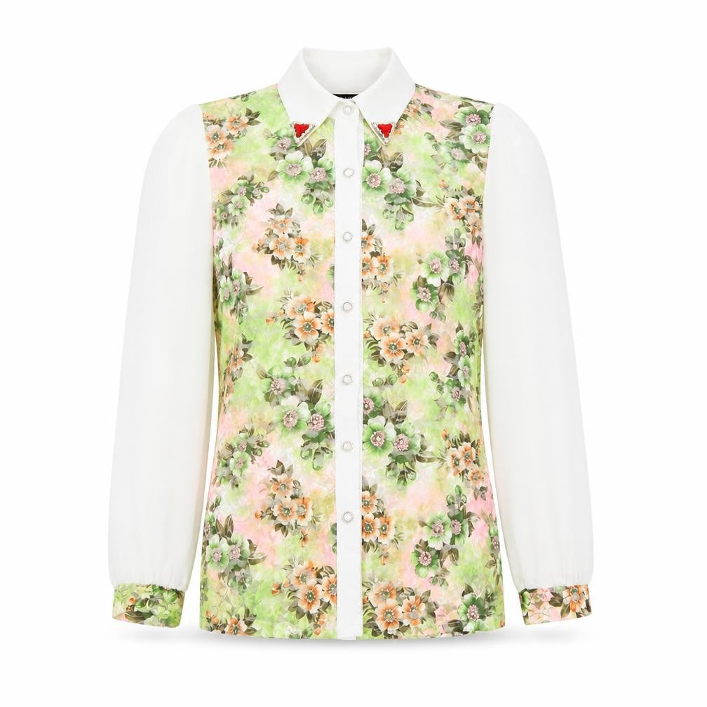 Front view of Collection London women’s green floral basic blouse, size S, - sheer lace