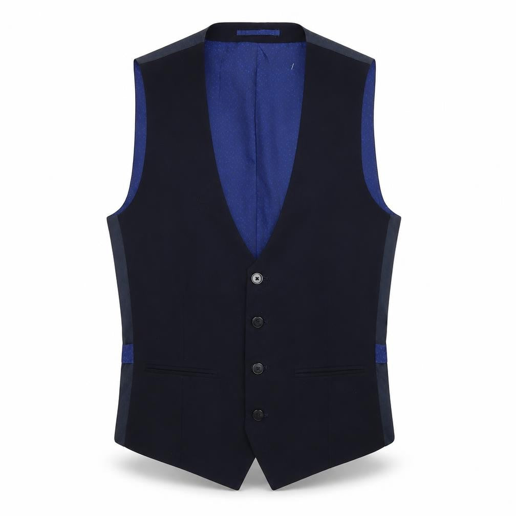 Front view of Burton men’s blue jacket suit waistcoat, size S