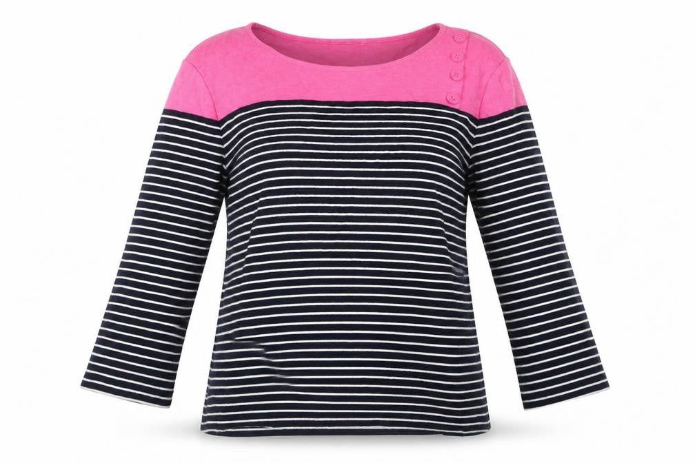 Front view of Country Casuals women’s black striped pullover sweatshirt, size M