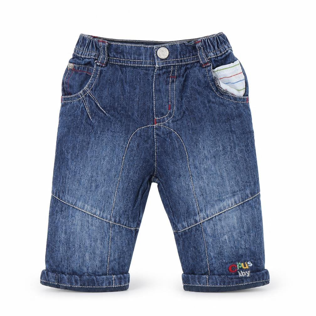 Front view of Blue Zoo boys’ blue denim capri jeans, size 9-12, months