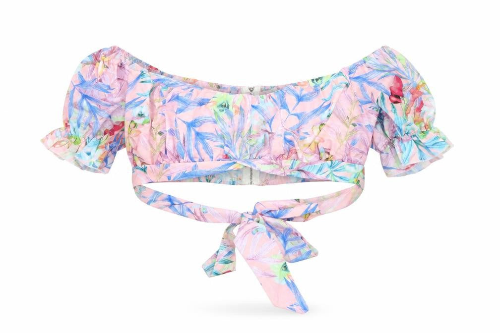 Front view of Chic Me women’s pink geometric cropped blouse, size M