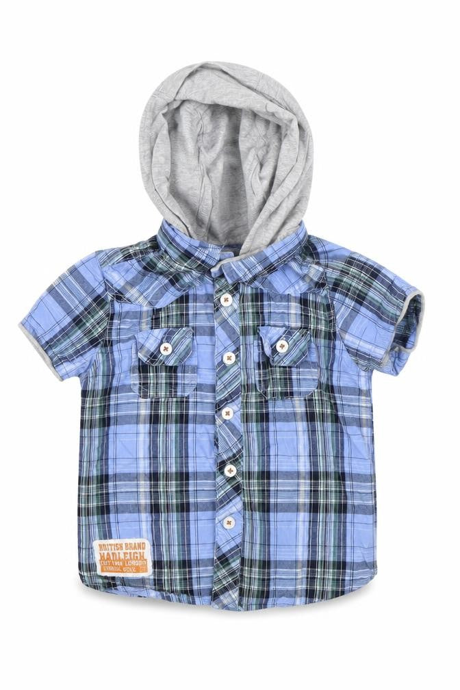 Front view of Hadleigh London boys’ blue check basic button-up, size 18-24, months