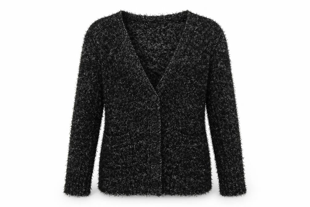 Front view of South women’s black knit cardigan jumper, size UK 14