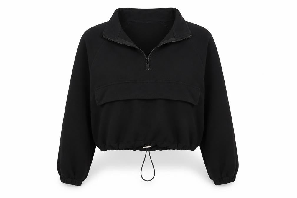 Front view of PORTABELLO women’s black pullover sweatshirt, size M