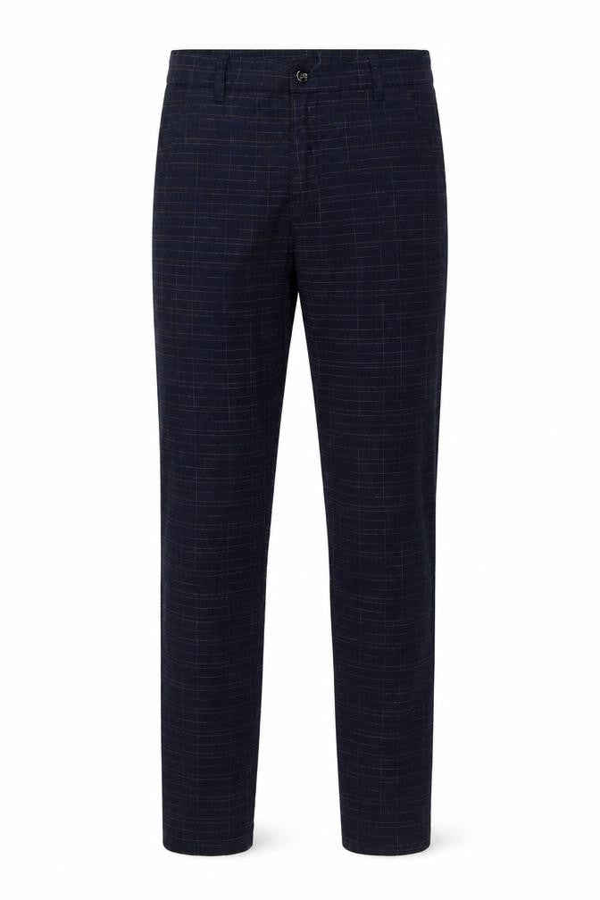 Front view of Fashion Apparel men’s blue trousers, size 34, in, 29-inch leg