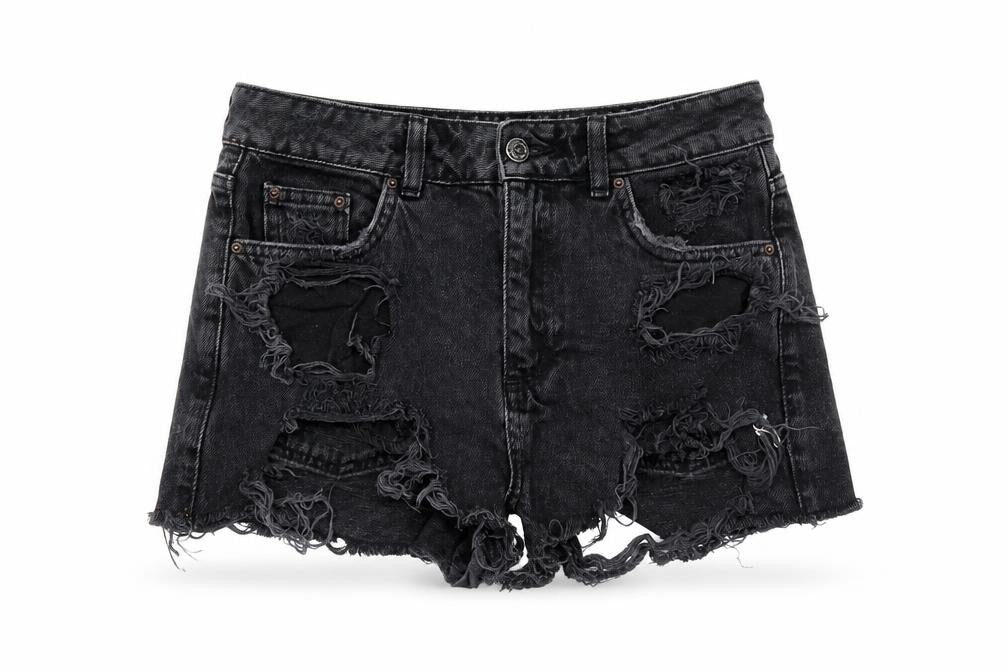 Front view of Topshop women’s black denim cut-off shorts, size UK 26