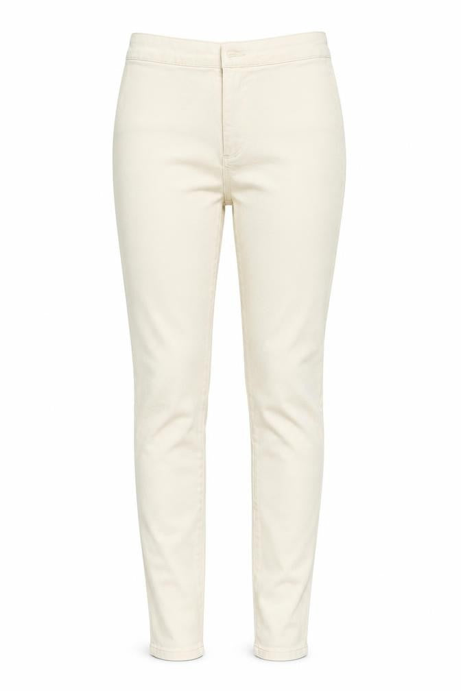 Front view of women’s ivory denim skinny jeans, size UK 30, in, 32-inch leg