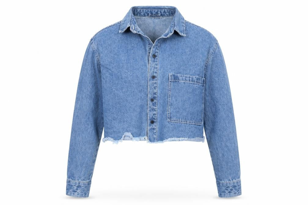Front view of Native Youth women’s blue denim jacket, size XS
