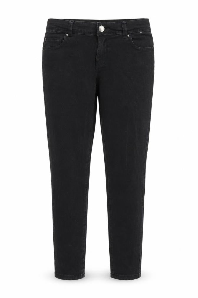 Front view of Denim & Co. women’s black denim skinny jeans, size UK 12, 27-inch leg