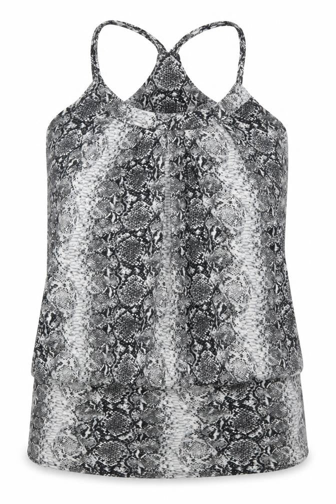 Front view of K&D women’s grey animal print basic tank, size UK 16