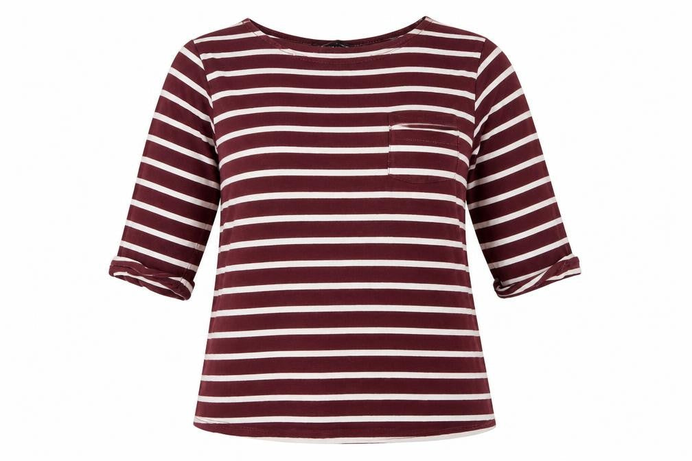 Front view of New Look women’s purple striped basic t-shirt, size UK 6