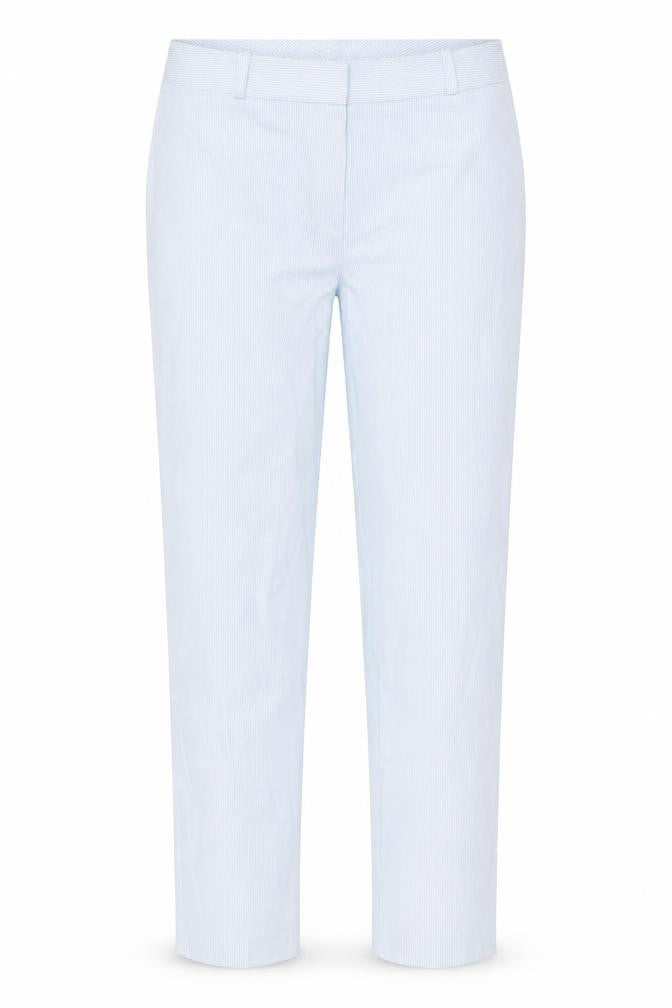 Front view of Marks & Spencer women’s blue striped trousers, size UK 10, 26-inch leg