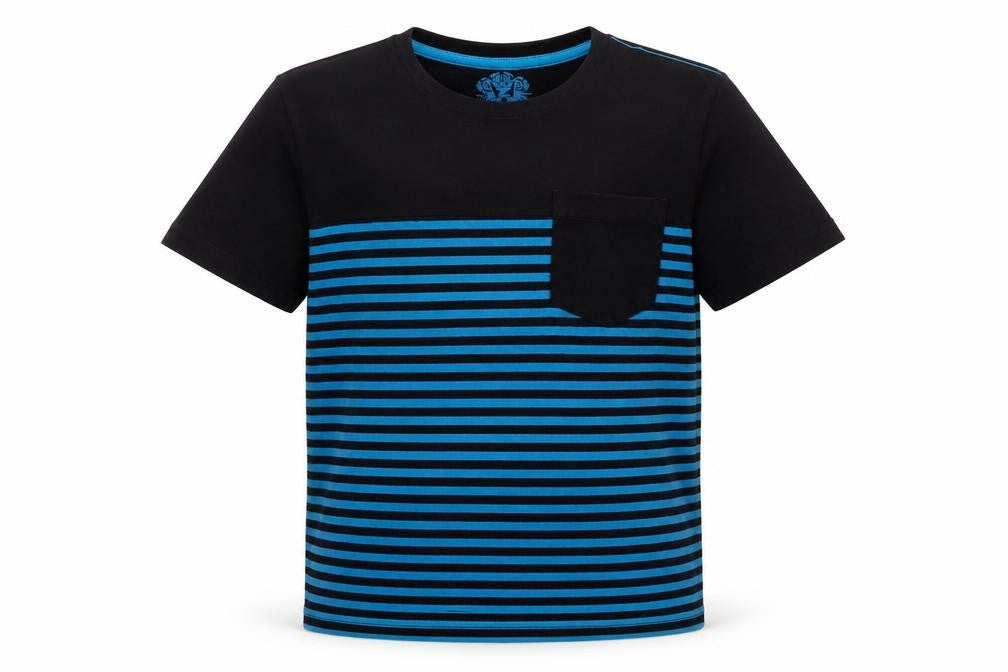 Front view of WZ boys’ black striped basic t-shirt, size 8, years
