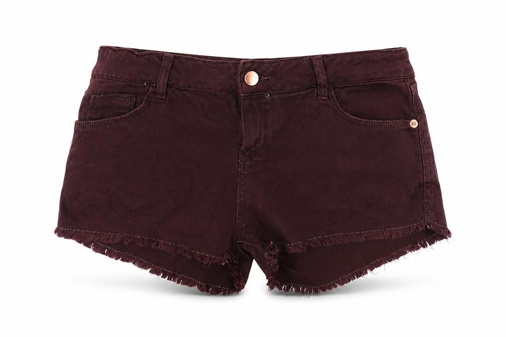 Front view of Topshop women’s purple denim cut-off shorts, size UK 12