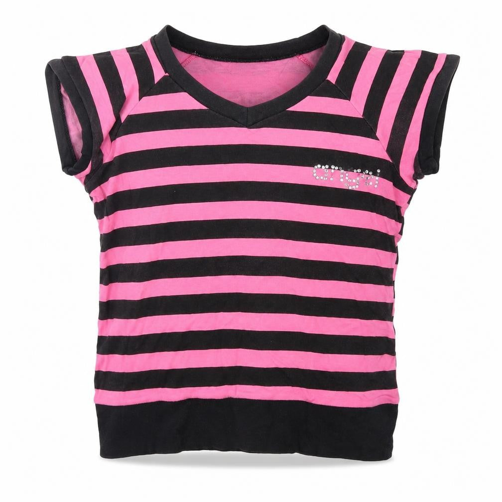 Front view of Spoof girls’ pink striped jersey basic t-shirt, size 14, years