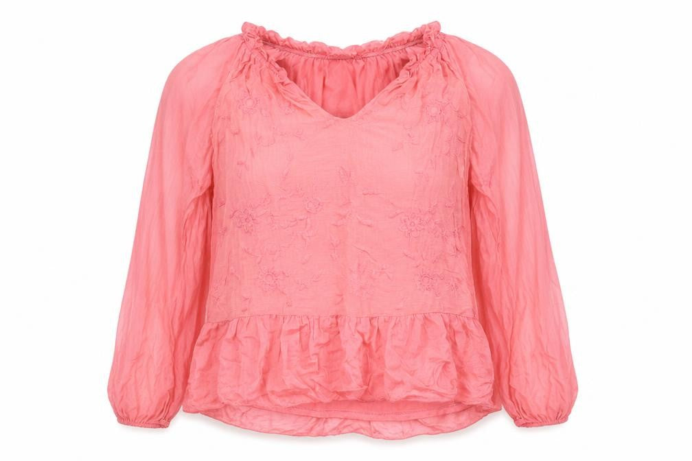 Front view of collection gaia women’s pink floral basic blouse, size S