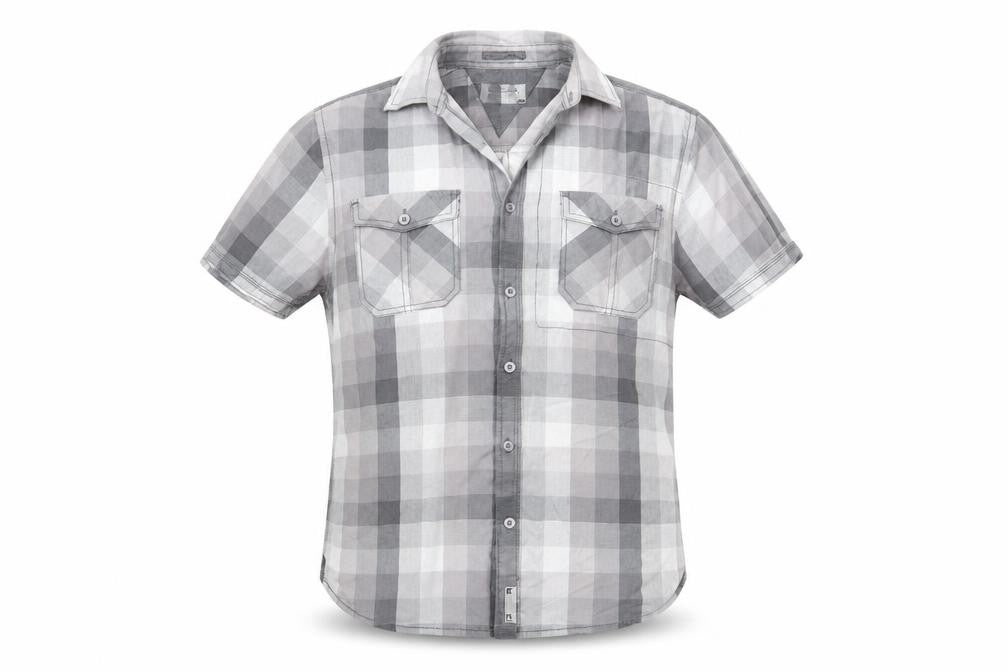 Front view of Burton men’s grey check button-up, size S