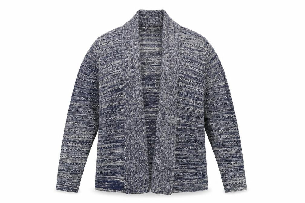 Front view of Marks & Spencer women’s blue knit cardigan jumper, size UK 14