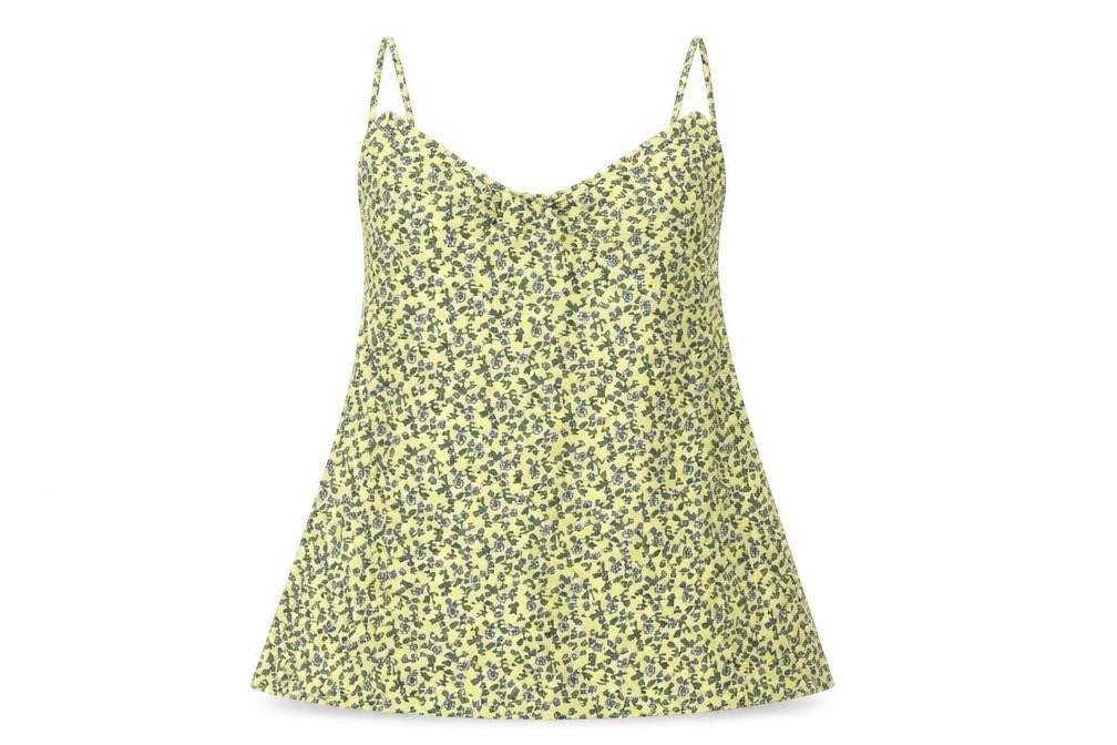Front view of Topshop women’s yellow floral basic blouse, size UK 4