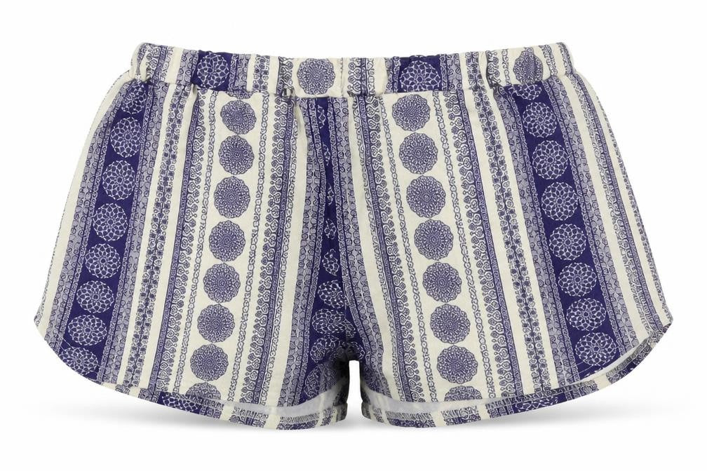 Front view of Missguided women’s blue striped hot pants shorts, size UK 8