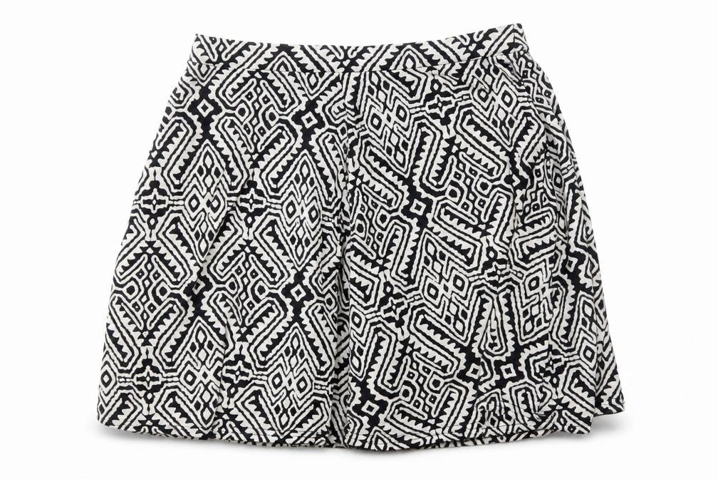 Front view of Dorothy Perkins women’s multicoloured geometric a-line skirt, size UK 8
