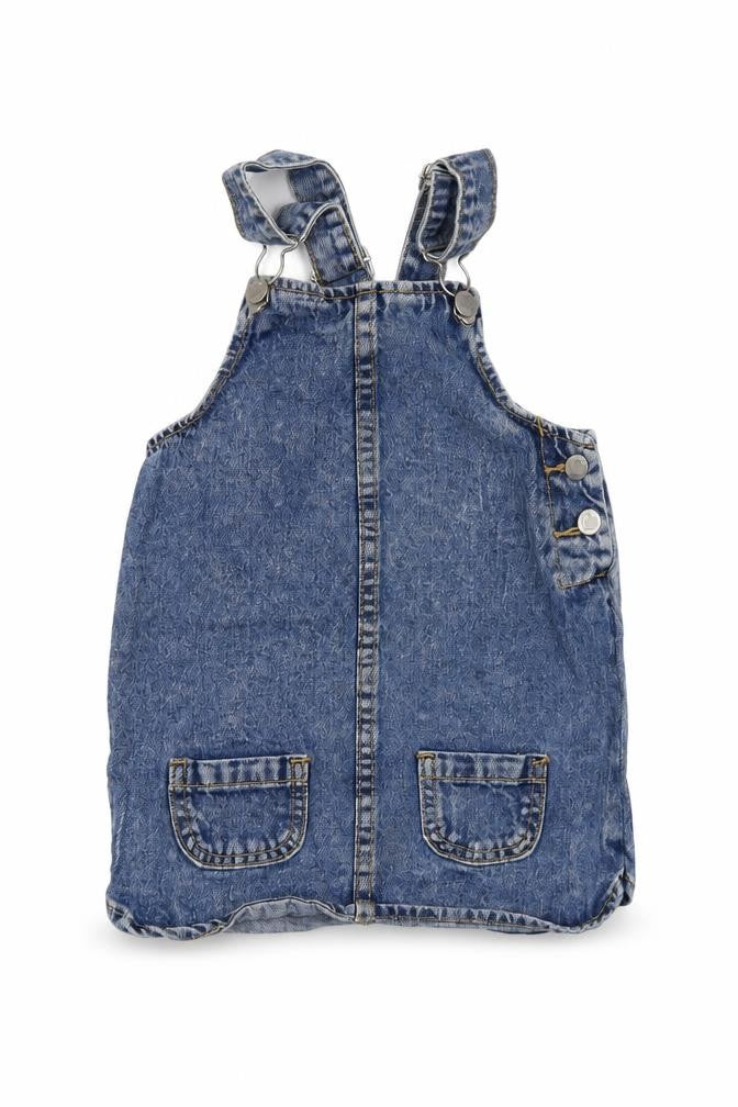 Front view of E-vie Angel girls’ blue houndstooth pinafore/dungaree dress, size 3, years