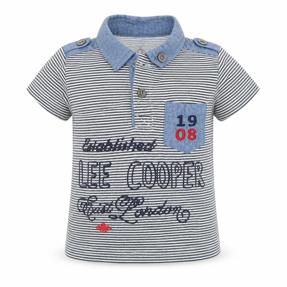 Front view of Lee Cooper boys’ blue striped basic polo, size 18-24, months