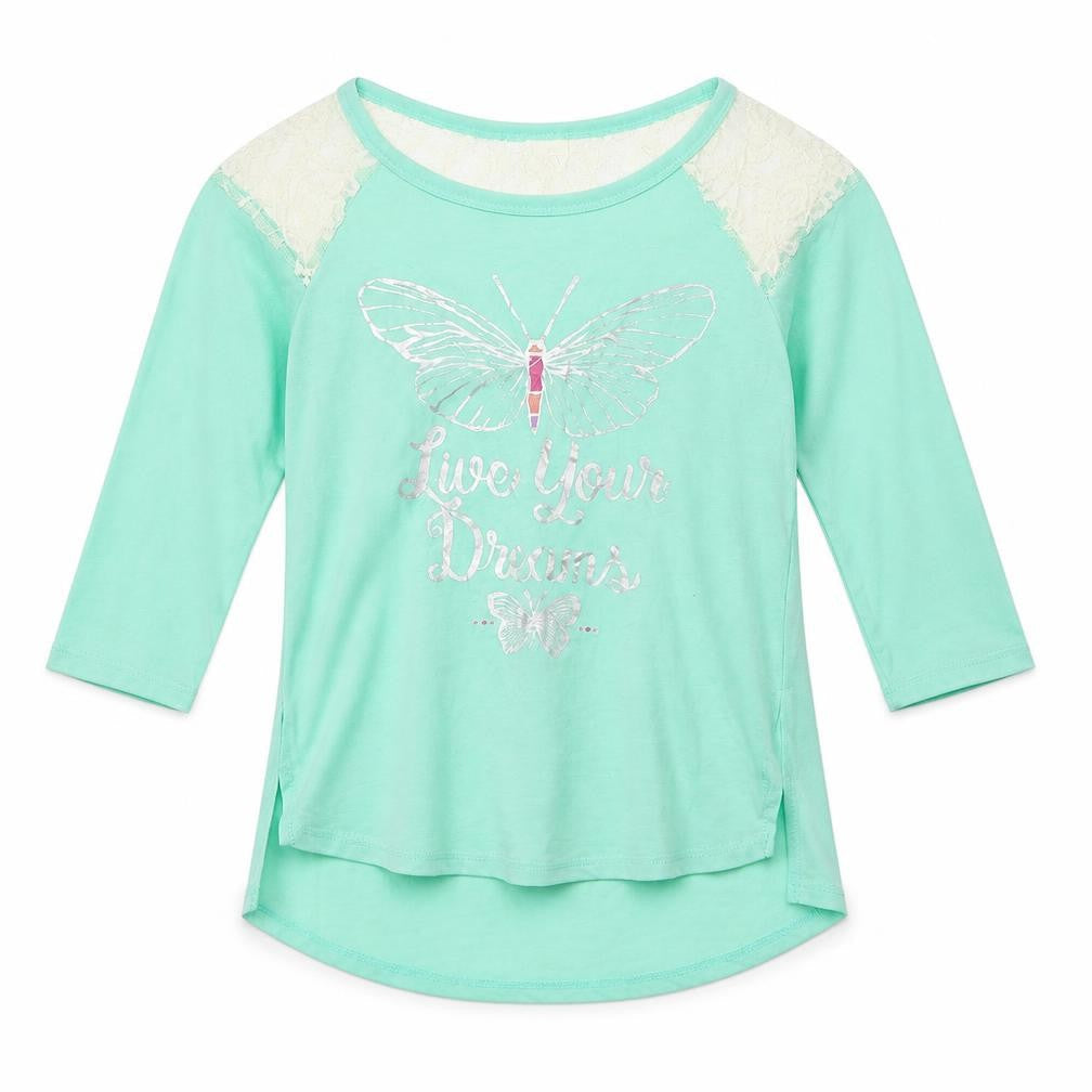 Front view of Mudd girls’ green basic t-shirt, size 10, years